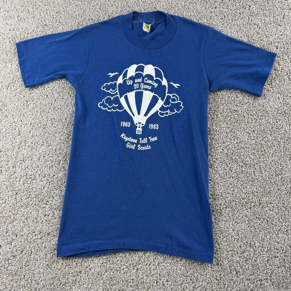 Vintage 80s Girl Scouts Velva Sheen Shirt Mens Small Blue Balloon Tee T-Shirt - Picture 1 of 8